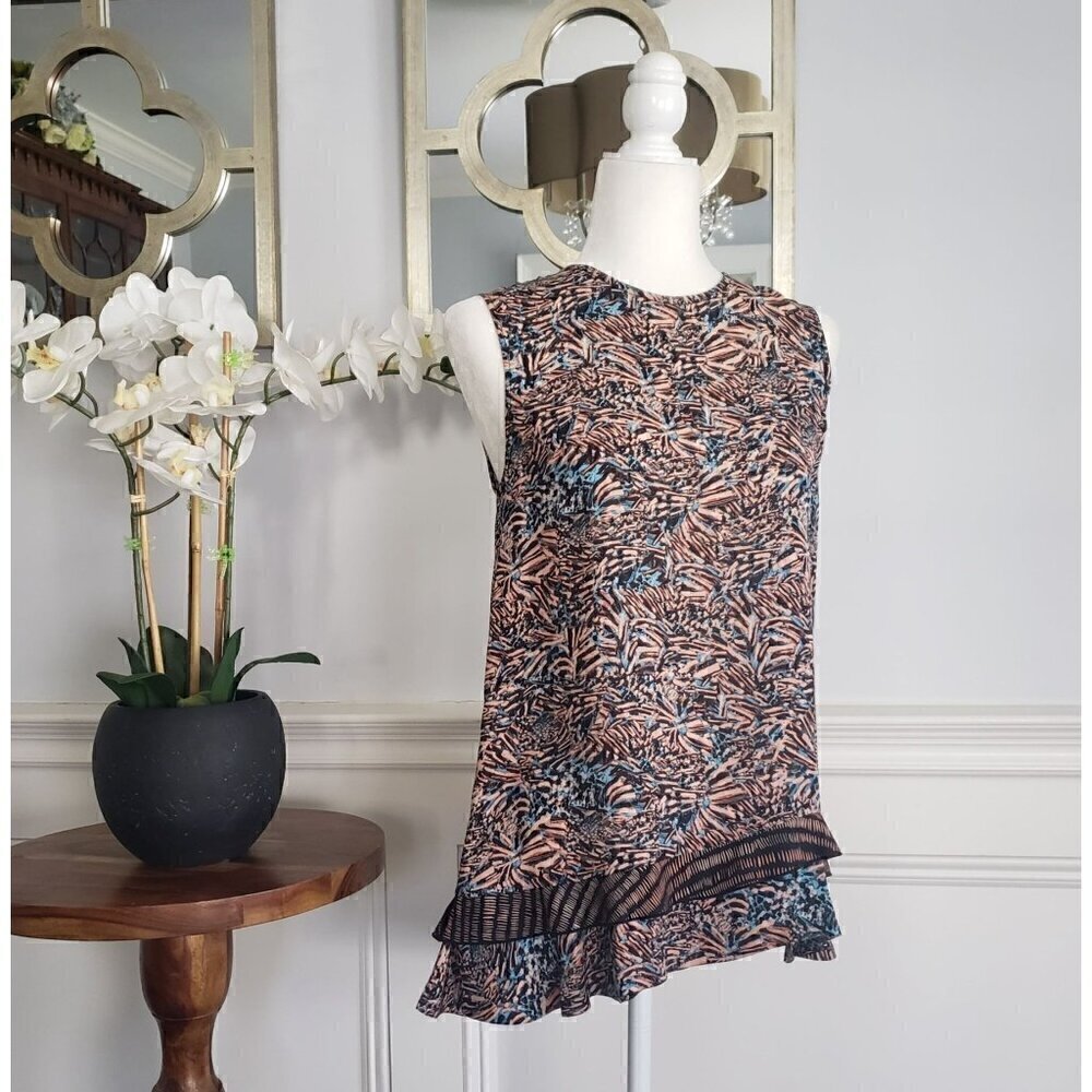 New PROENZA SCHOULER 100% Silk Print Sleeveless Bias Hem Hi Low Tunic Top Sz SM